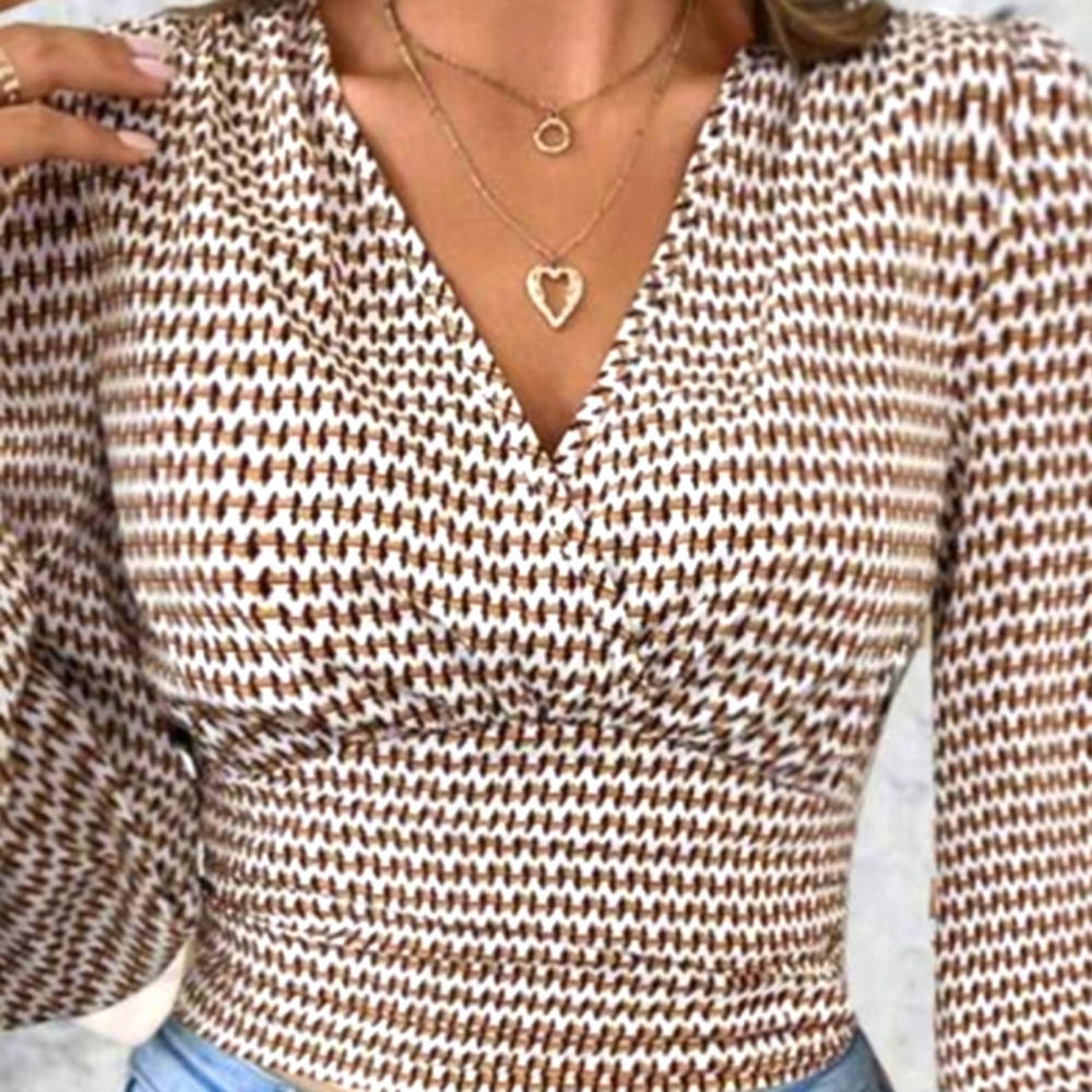 Bohemian Blouse Brown White Houndstooth Print Lantern Long Sleeve Fall Top - Picture 9 of 10